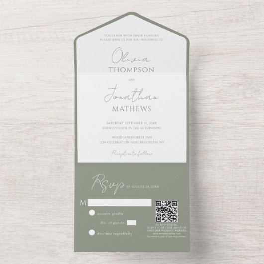 Einfache Hochzeit von Green Script QR Code All In One Einladung (Innen Boden)