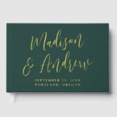 Einfache Hochzeit von Green und Gold Foil Script F Gästebuch (Vorderseite)