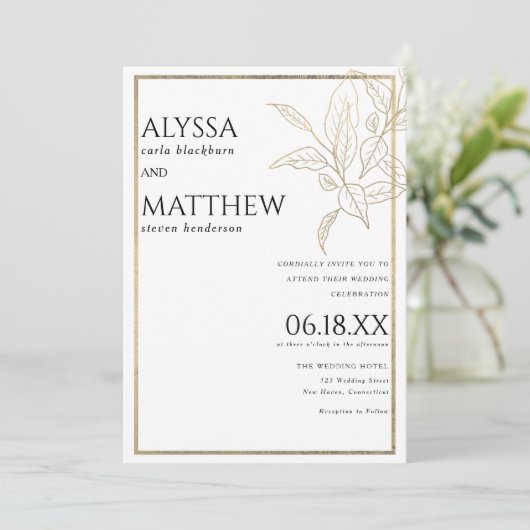 Einfache Hochzeit von Luxus und weißem Blattgold Einladung (Stehend Vorderseite)