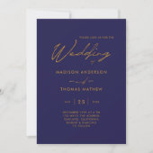Einfache Hochzeit von Navy Blue Gold Moderne Typog Einladung (Vorderseite)