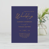 Einfache Hochzeit von Navy Blue Gold Moderne Typog Einladung (Stehend Vorderseite)
