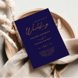 Einfache Hochzeit von Navy Blue Gold Moderne Typog Einladung