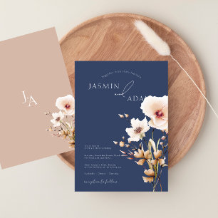 Einfache Hochzeit von Navy Blue Pink-Wildblumen Einladung