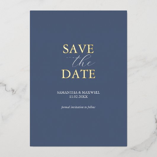 Einfache Hochzeit von Navy Blue Save the Date Folieneinladung (Vorderseite)