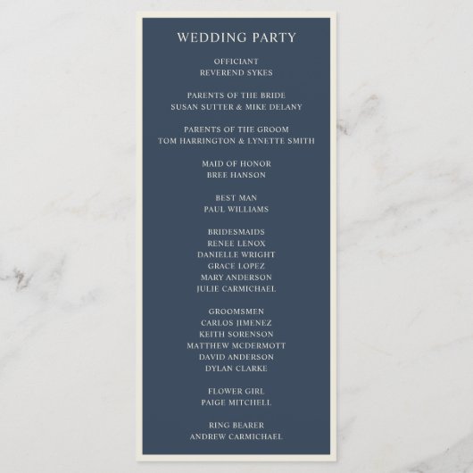 Einfache Hochzeit von Navy Blue und Elfenbeingrenz Programm (Rückseite)
