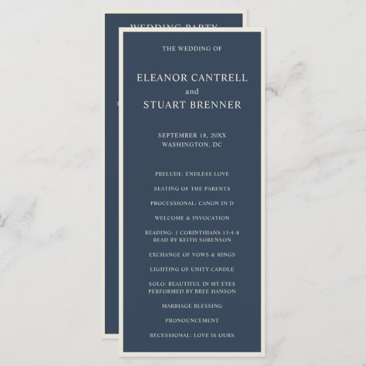 Einfache Hochzeit von Navy Blue und Elfenbeingrenz Programm (Vorne/Hinten)