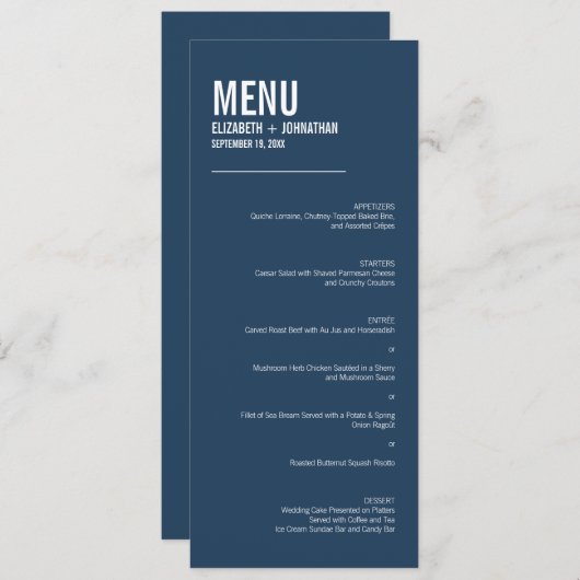 Einfache Hochzeit von Navy-Typografie Menükarte (Vorne/Hinten)