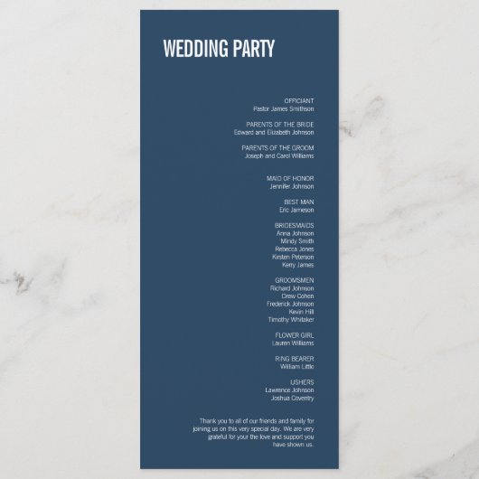 Einfache Hochzeit von Navy-Typografie Programm (Rückseite)