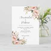 Einfache Hochzeit von Pink Peony & Green Blätter Einladung (Stehend Vorderseite)