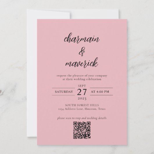 Einfache Hochzeit von Rosa Script Foto QR Code Einladung (Rückseite)
