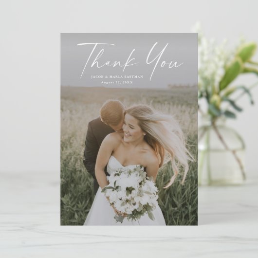 Einfache Hochzeit von Skript-Fotos Dankeskarte (Stehend Vorderseite)