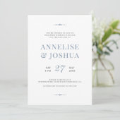Einfache Hochzeit von staubblauer Typografie Einladung (Stehend Vorderseite)
