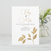 Einfache Hochzeit von weißem goldgelbem Blattwerk Einladung (Stehend Vorderseite)