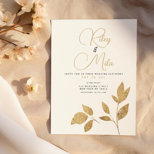 Einfache Hochzeit von weißem goldgelbem Blattwerk Einladung