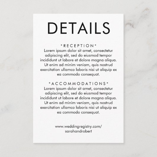 Einfache Hochzeitsdetails in Weiß und Schwarz Begleitkarte (Vorderseite)