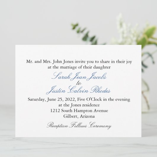 Einfache Hochzeitseinladung mit blauem Text Einladung (Stehend Vorderseite)