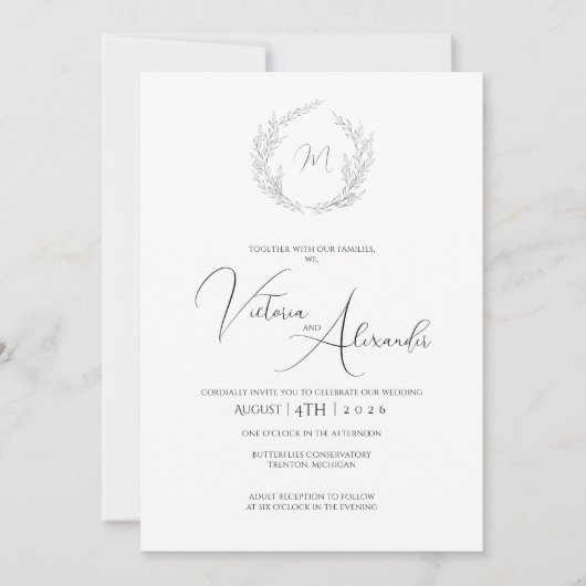 Einfache Hochzeitseinladung mit Lorbeermonogramm Einladung (Vorderseite)