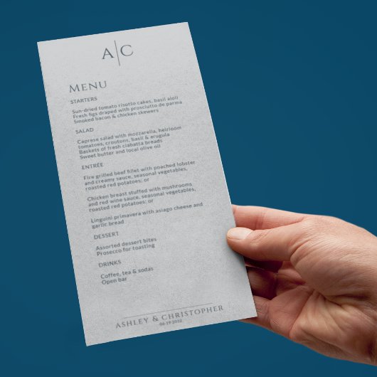 Einfache Hochzeitsempfehlung für Navy & Gray Monog Menükarte