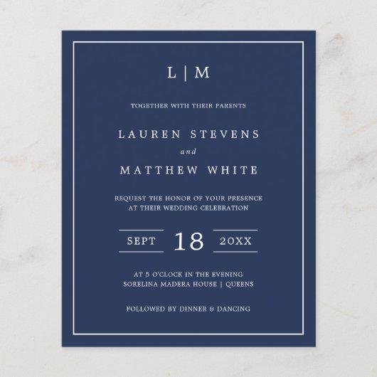 Einfache Hochzeitsfeier für Navy Blue Monogram (Vorderseite)