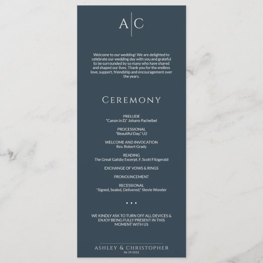 Einfache Hochzeitsfeier für Navy Blue Monogram Programm (Vorderseite)