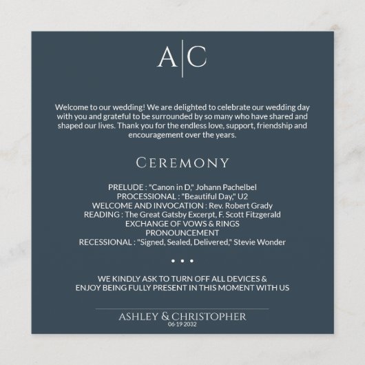 Einfache Hochzeitsfeier für Navy Blue Monogram Programm (Vorderseite)