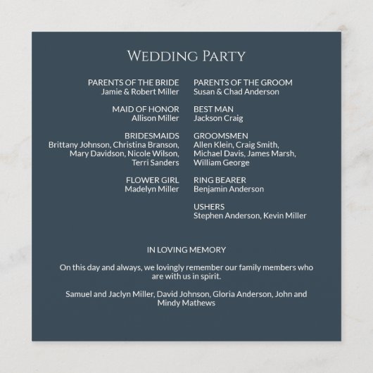 Einfache Hochzeitsfeier für Navy Blue Monogram Programm (Rückseite)