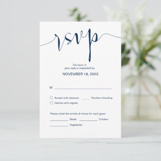 Einfache Hochzeitskalligraphie, Navy Blue, Dinner Begleitkarte (Stehend Vorderseite)