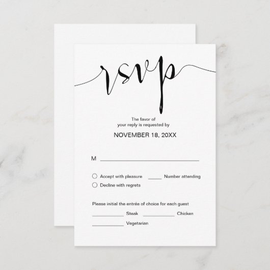 Einfache Hochzeitskalligraphie, Schwarz, Abendesse Begleitkarte (Vorne/Hinten)