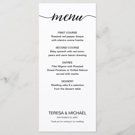 Einfache Hochzeitsmahlzeiten mit Schwarz und Weiß Menükarte (Vorderseite)