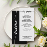 Einfache Hochzeitsmahlzeiten mit Schwarz und Weiß Menükarte<br><div class="desc">Einfache Schwarz-Weiß-Script-Menüs für Hochzeiten" - eine klassische und elegante Ergänzung zu Ihrem Hochzeitsempfang. Dieses Menü bietet ein zeitloses Schwarz-Weiß-Farbschema mit stylischer Schrift-Typografie, mit dem Sie die Mahlzeiten nach Ihren Vorlieben anpassen können. Passen Sie die Namen der Braut und des Bräutigams an, wählen Sie Menükurse, Hochzeitstag und besondere Nachricht. Erleben Sie...</div>