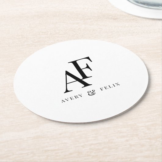 Einfache Hochzeitsmonogramm Schwarz/Weiß Runder Pappuntersetzer (Angewinkelt)