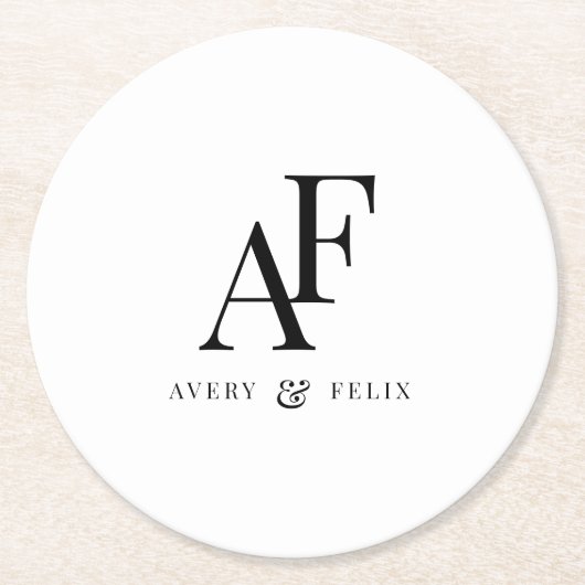 Einfache Hochzeitsmonogramm Schwarz/Weiß Runder Pappuntersetzer (Vorderseite)