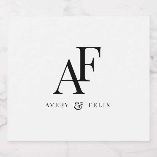 Einfache Hochzeitsmonogramm Schwarz/Weiß Schaumweinetikett (Einzelnes Label)