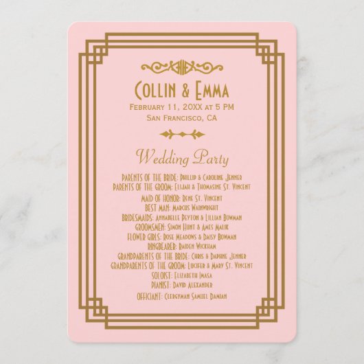 Einfache Hochzeitsprogramme im Art Deco Stil in Ro Programm (Vorderseite)