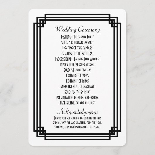 Einfache Hochzeitsprogramme in Weiß und Schwarz Programm (Rückseite)