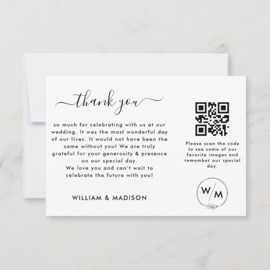 Einfache Hochzeitsschrift mit Monogramm und QR-Cod Dankeskarte (Rückseite)