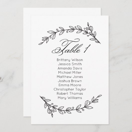 Einfache Hochzeitssitzkarte mit Blumenmuster. Tabe Einladung (Vorne/Hinten)