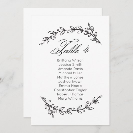 Einfache Hochzeitssitzkarte mit Blumenmuster. Tabe Einladung (Vorne/Hinten)