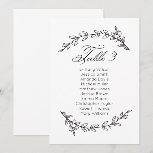 Einfache Hochzeitssitzkarte mit Blumenmuster. Tabe Einladung (Vorne/Hinten)