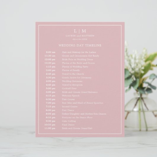 Einfache Hochzeitszeitachse mit hellrosa Monogramm (Stehend Vorderseite)