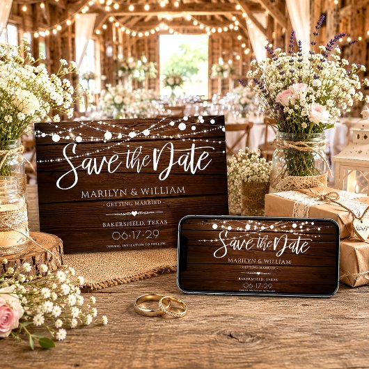 Einfache Holz- und Lichterketten Rustikale Hochzei Save The Date