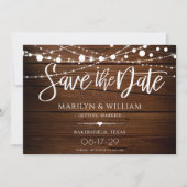 Einfache Holz- und Lichterketten Rustikale Hochzei Save The Date (Vorderseite)