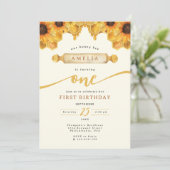 Einfache Honigbiene Sonnenblume 1. Geburtstag Einladung (Stehend Vorderseite)