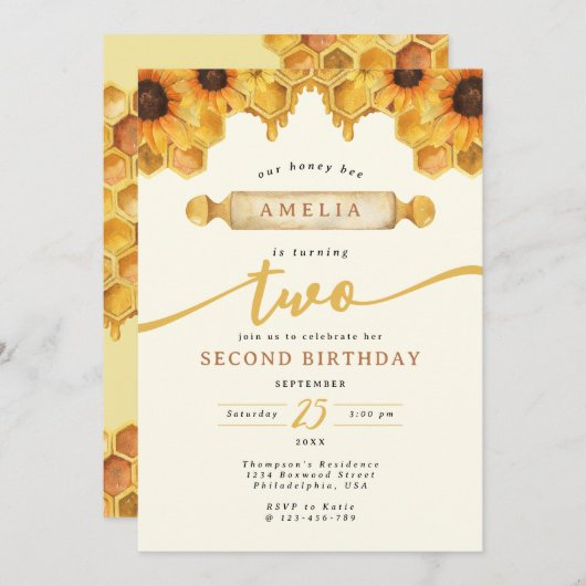 Einfache Honigbiene Sonnenblume 2. Geburtstag Einladung (Vorne/Hinten)