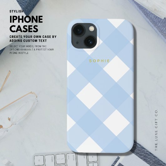 Einfache Hübsch Classic Blue Gingham Gold Monogram Case-Mate iPhone Hülle