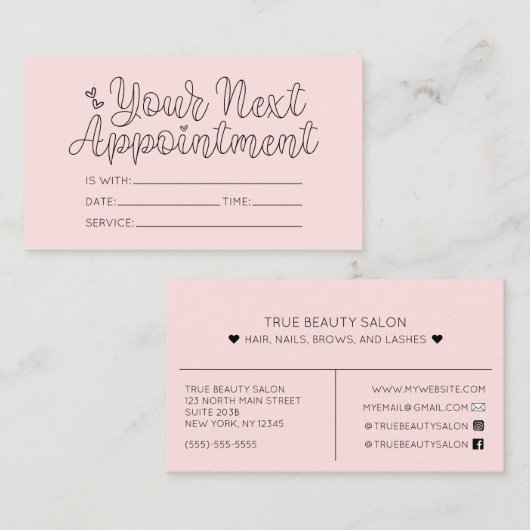 Einfache Hübsche Rosa Herz Typografie Ernennung Visitenkarte (Vorne/Hinten)