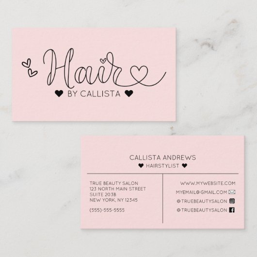 Einfache Hübsche Rosa Herz Typografie Haare Visitenkarte (Vorne/Hinten)