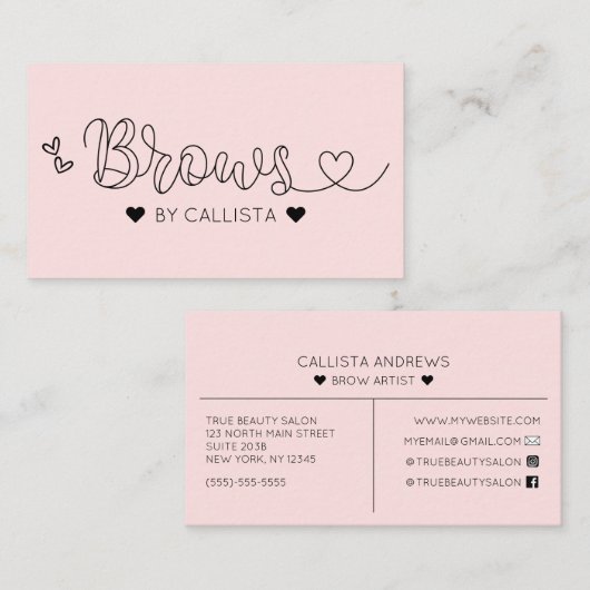Einfache Hübsche Rosa Herztypografie Brows Visitenkarte (Vorne/Hinten)