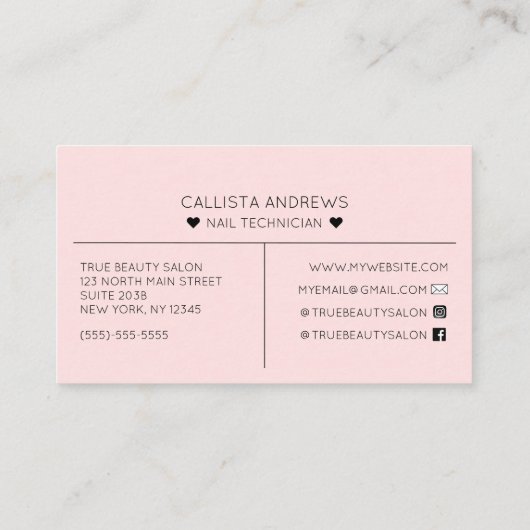 Einfache Hübsche rosa Herztypografie Nail Tech Visitenkarte (Rückseite)