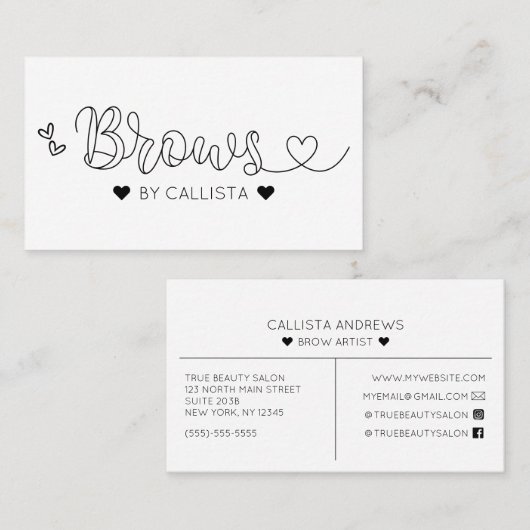 Einfache Hübsche Schwarz-weiß Hearts Typografie Br Visitenkarte (Vorne/Hinten)